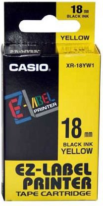 Casio XR-18YW1 tape, black print/yellow backing, not laminated, 8m, 18mm