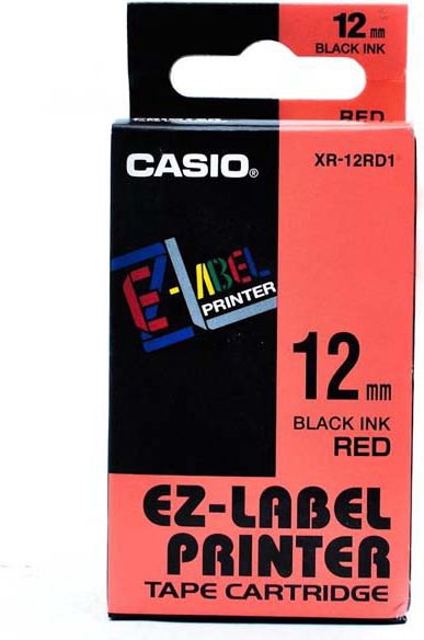 Casio original label printer tape, Casio, black print/red backing, not laminated, 8m, 12mm (XR