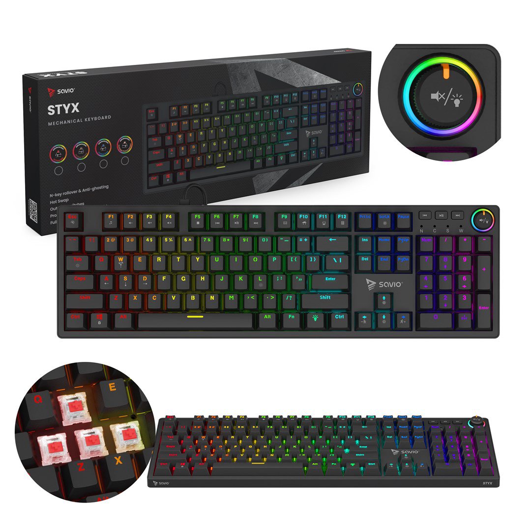 SAVIO STYX Mechaninė klaviatūra Outemu Red, Hot Swap, RGB