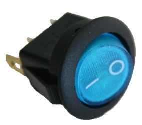 Jungiklis klavišinis, ON-OFF, fiks, 3k, 6A/250V; Ø19.8mm, SPST; apvalus mėlynas, apšvietimas NEON