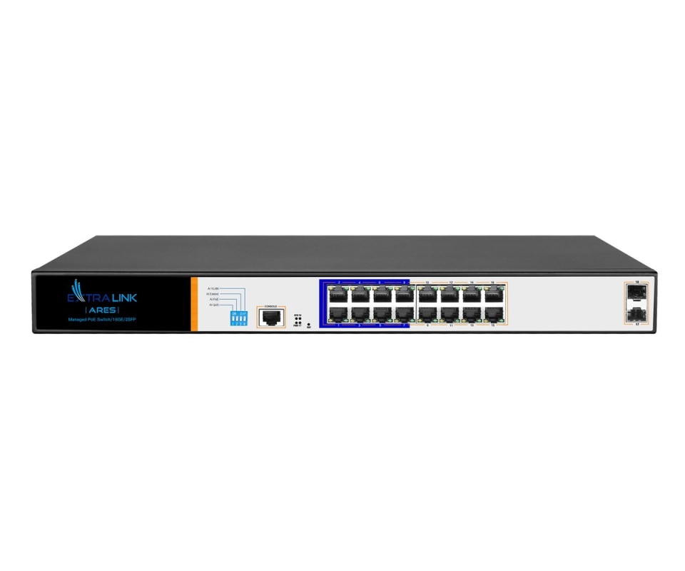 EXTRALINK ARES pilnai GIGABIT valdomas POE komutatorius/šakotuvas 16 lizdų 10/100/1000M TX su POE, CONSOLE PORT,ir 2X GE SFP(EL-ARES)