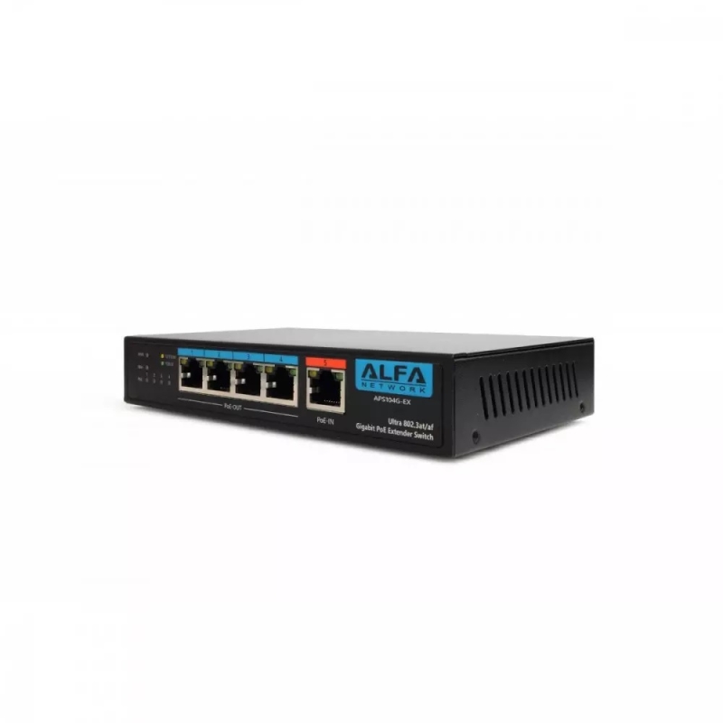 ALFA NETWORK 60W POE maitinamas Gigabitinis komutatorius su 4x POE maitinamais 802.3af/at prievadais (APS104G-EX)