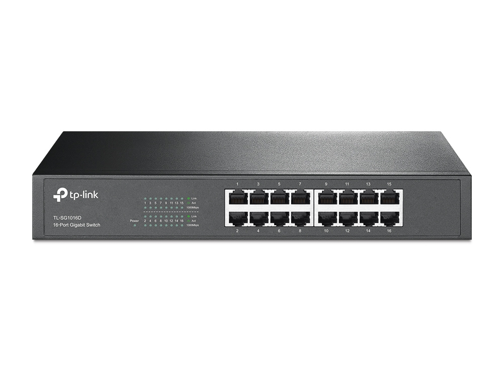 TP-LINK 16 prievadų Gigabit darbalaukio/komutacinės spintos komutatorius (TL-SG1016D)