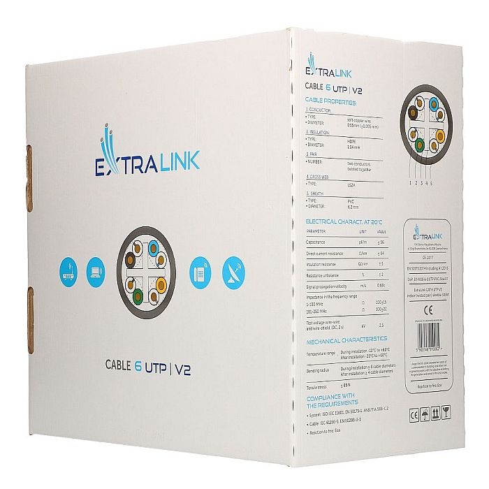 EXTRALINK CAT6 UTP (U/UTP) V2 vidaus naudojimo susuktos poros kabelis 305m ilgio (EL-LAN-UUTP-CAT6-305)