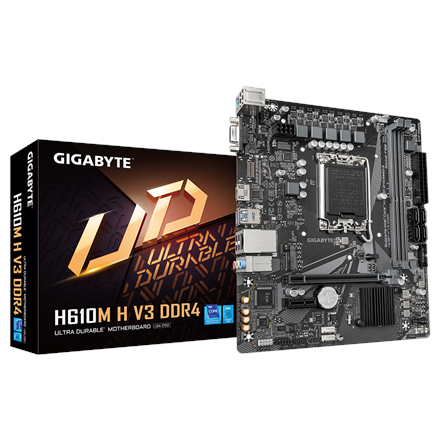 Gigabyte | H610M H V3 DDR4 | Processor family Intel | Processor socket LGA1700 | DDR4 DIMM | Supported hard disk drive interfaces M.2, SATA | Number of SATA connectors 4|H610M H V3 DDR4