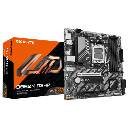 Gigabyte B850M D3HP | Processor family AMD | Processor socket AM5 | DDR5 | Supported hard disk drive interfaces M.2, SATA | Number of SATA connectors 4|B850M D3HP