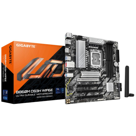 Mainboard|GIGABYTE|Intel B860 Express|LGA1851|Micro-ATX|Memory DDR5|Memory slots 4|4xPCI-Express 4.0 16x|1xPCI-Express 5.0 16x|2xM.2|1xHDMI|2xDisplayPort|1xAudio-In|1xAudio-Out|1xMicrophone|3xUSB 2.0|1xUSB-C|1xPS/2|1xRJ45|B860MDS3HWIFI6E1.0|B860M DS3H WIFI6E 1.0