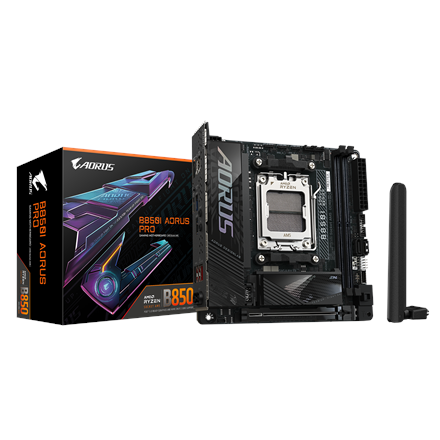 Gigabyte B850I AORUS PRO | Processor family AMD | Processor socket AM5 | DDR5 | Supported hard disk drive interfaces SATA, M.2 | Number of SATA connectors 2|B850I AORUS PRO