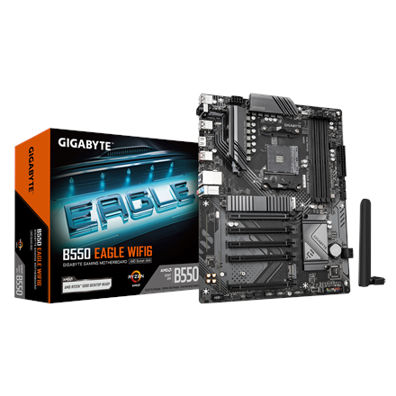 Gigabyte B550 EAGLE WIFI6 | Processor family AMD | Processor socket AM4 | DDR4 | Supported hard disk drive interfaces SATA, M.2 | Number of SATA connectors 4|B550 EAGLE WIFI6