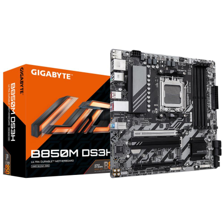 Mainboard|GIGABYTE|AMD B850|SAM5|Micro-ATX|Memory DDR5|Memory slots 4|1xPCI-Express 3.0 4x|1xPCI-Express 5.0 16x|2xM.2|1xHDMI|2xDisplayPort|4xUSB 2.0|2xUSB 3.2 type B|1xUSB 3.2|1xUSB-C|1xPS/2|1xRJ45|3xAudio port|B850MDS3H|B850M DS3H