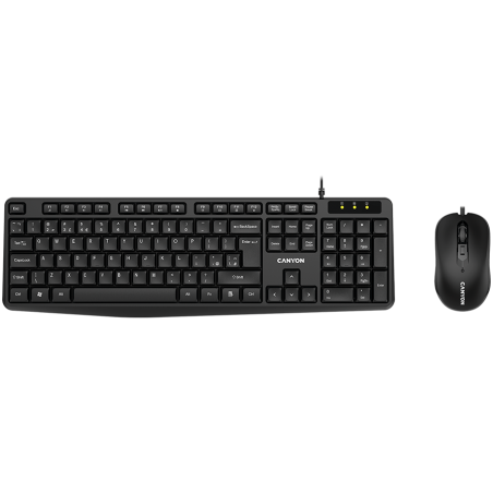 CANYON USB standard KB, 104 keys, water resistant UK layout bundle with optical 3D wired mice 1000DPI,USB2.0, Black, cable length 1.5m(KB)/1.5m(MS), 443*145*24mm(KB)/115.3*63.5*36.5mm(MS), 0.44kg|CNE-CSET1-UK/US