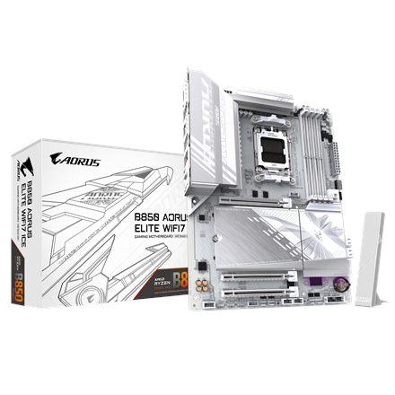 Gigabyte B850 A ELITE WF7 ICE | Processor family AMD | Processor socket AM5 | DDR5 | Supported hard disk drive interfaces SATA, M.2 | Number of SATA connectors 4|B850 A ELITE WF7 ICE