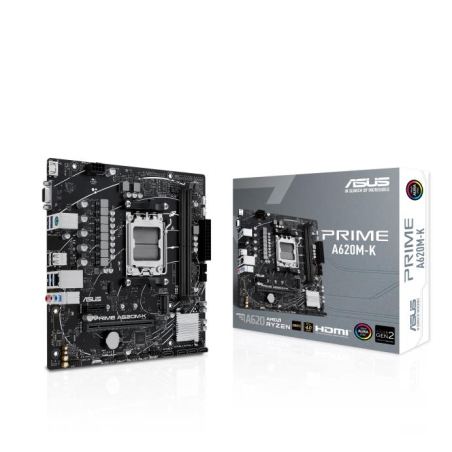 Mainboard|ASUS|AMD A620|Micro-ATX|Memory DDR5|Memory slots 2|1xPCI-Express 3.0 1x|1xPCI-Express 4.0 16x|1xM.2|1x15pin D-sub|1xHDMI|2xUSB 2.0|4xUSB 3.2|1xPS/2|1xRJ45|3xAudio port|PRIMEA620M-K|PRIMEA620M-K