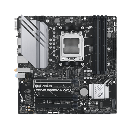 Asus | PRIME B650M-A WIFI II | Processor family AMD | Processor socket AM5 | DDR5 DIMM | Memory slots 4 | Supported hard disk drive interfaces 	SATA, M.2 | Number of SATA connectors 4 | Chipset  AMD B650 | mATX|90MB1EG0-M0EAY0