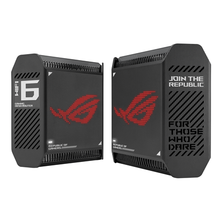 Wifi 6 802.11ax Tri-band Gigabit Gaming Mesh System | GT6 ROG Rapture (2-Pack) | 802.11ax | 574+4804+4804 Mbit/s | 10/100/1000 Mbit/s | Ethernet LAN (RJ-45) ports 3 | Mesh Support Yes | MU-MiMO Yes | No mobile broadband | Antenna type Internal|90IG07F0-MU9A20