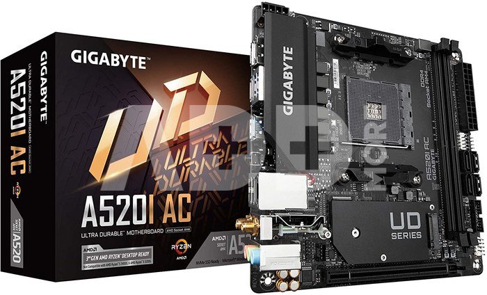 Gigabyte A520I AC Processor family AMD, Processor socket AM4, DDR4 DIMM, Memory slots 2, Number of SATA connectors 4, Chipset AMD A, Mini ITX