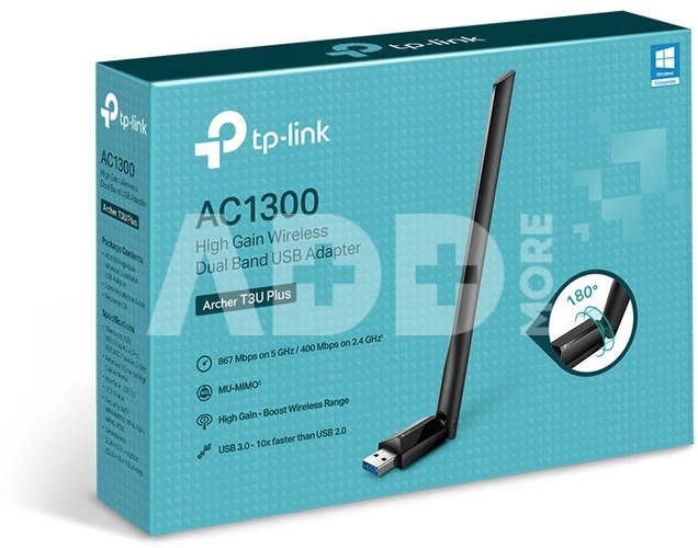 TP-LINK Dual Band USB Adapter Archer T3U Plus 2.4GHz/5GHz, 802.11ac, AC1300, External Antenna, MU-MIMO Technology