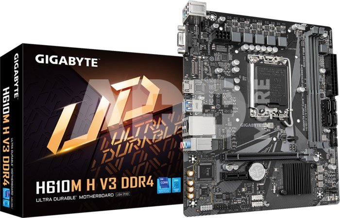 Gigabyte Number of SATA connectors 4 | Processor family Intel | Processor socket LGA1700 | H610M H V3 DDR4 | Supported hard disk drive interfaces M.2, SATA | DDR4 DIMM