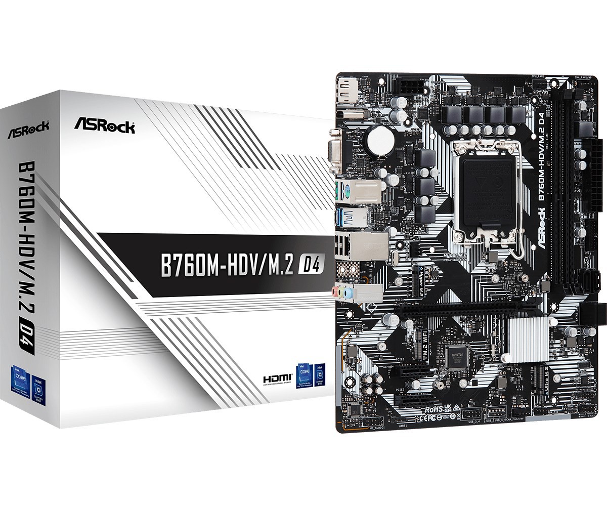 ASRock B760M-HDV/M.2 D4 Processor family Intel, Processor socket LGA1700, DDR4 DIMM, Memory slots 2, Supported hard disk drive interfaces SATA, M.2, Number of SATA connectors 4, Chipset Intel B760, Micro ATX