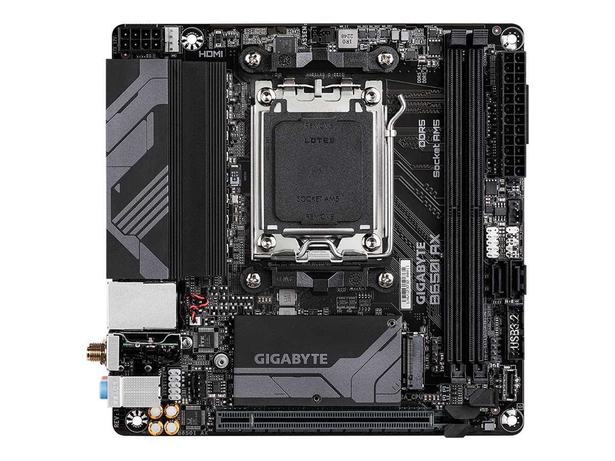 Gigabyte | B650I AX 1.0 | Processor family AMD | Processor socket AM5 | DDR5 DIMM | Supported hard disk drive interfaces SATA, M.2 | Number of SATA connectors 2