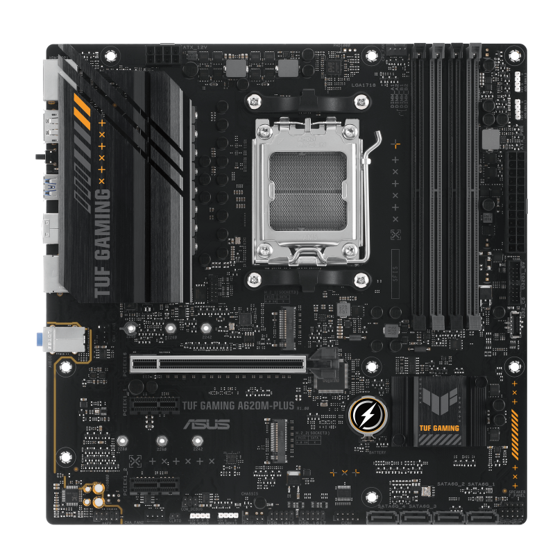 Asus | TUF GAMING A620M-PLUS | Processor family AMD | Processor socket AM5 | DDR5 DIMM | Memory slots 4 | Supported hard disk drive interfaces 	SATA, M.2 | Number of SATA connectors 4 | Chipset  AMD A620 | Micro-ATX