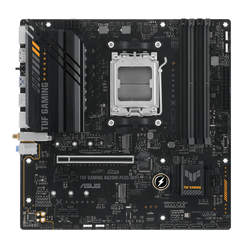 Asus | TUF GAMING A620M-PLUS WIFI | Processor family AMD | Processor socket AM5 | DDR5 DIMM | Memory slots 4 | Supported hard disk drive interfaces 	SATA, M.2 | Number of SATA connectors 4 | Chipset AMD A620 | Micro-ATX