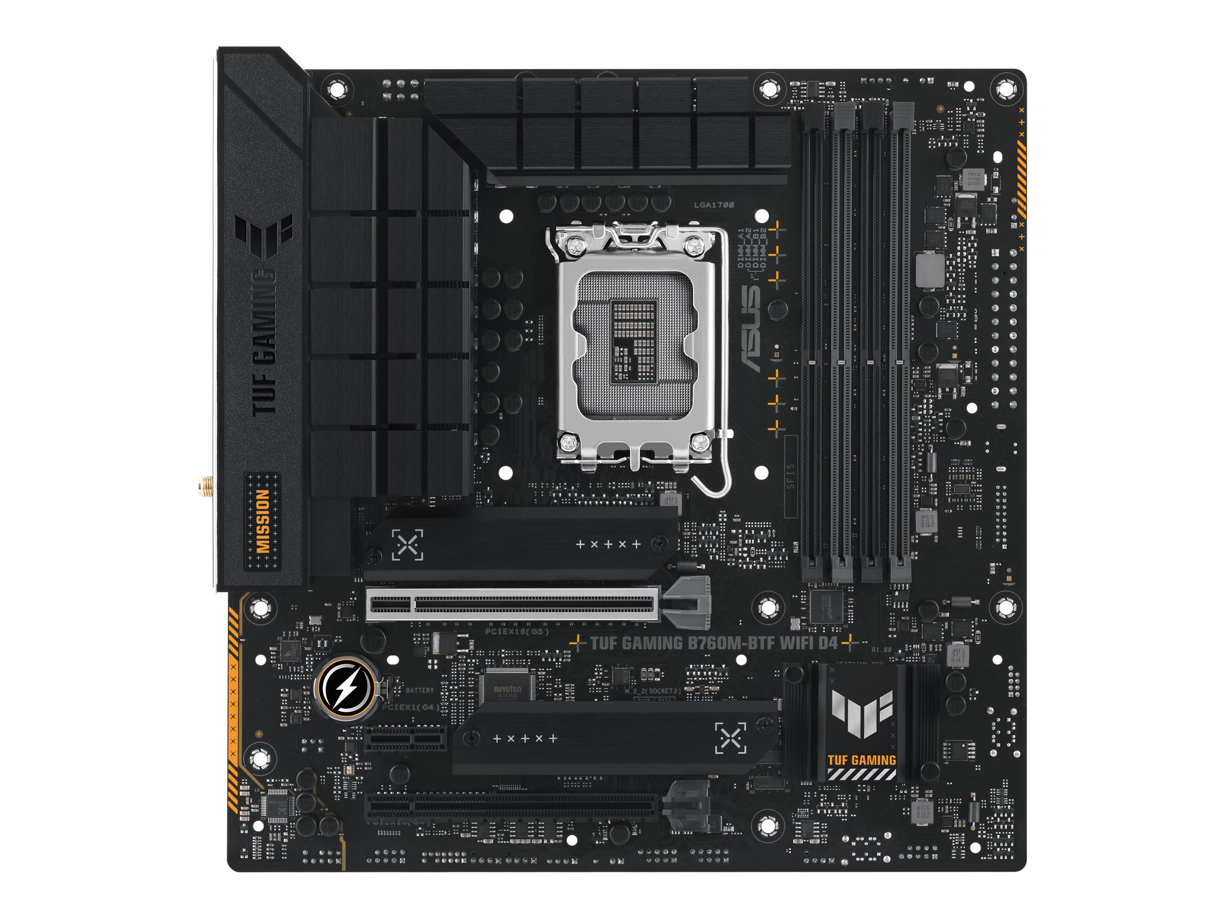 Asus | TUF GAMING B760M-BTF WIFI | Processor family Intel | Processor socket LGA1700 | DDR5 | Supported hard disk drive interfaces M.2, SATA | Number of SATA connectors 4