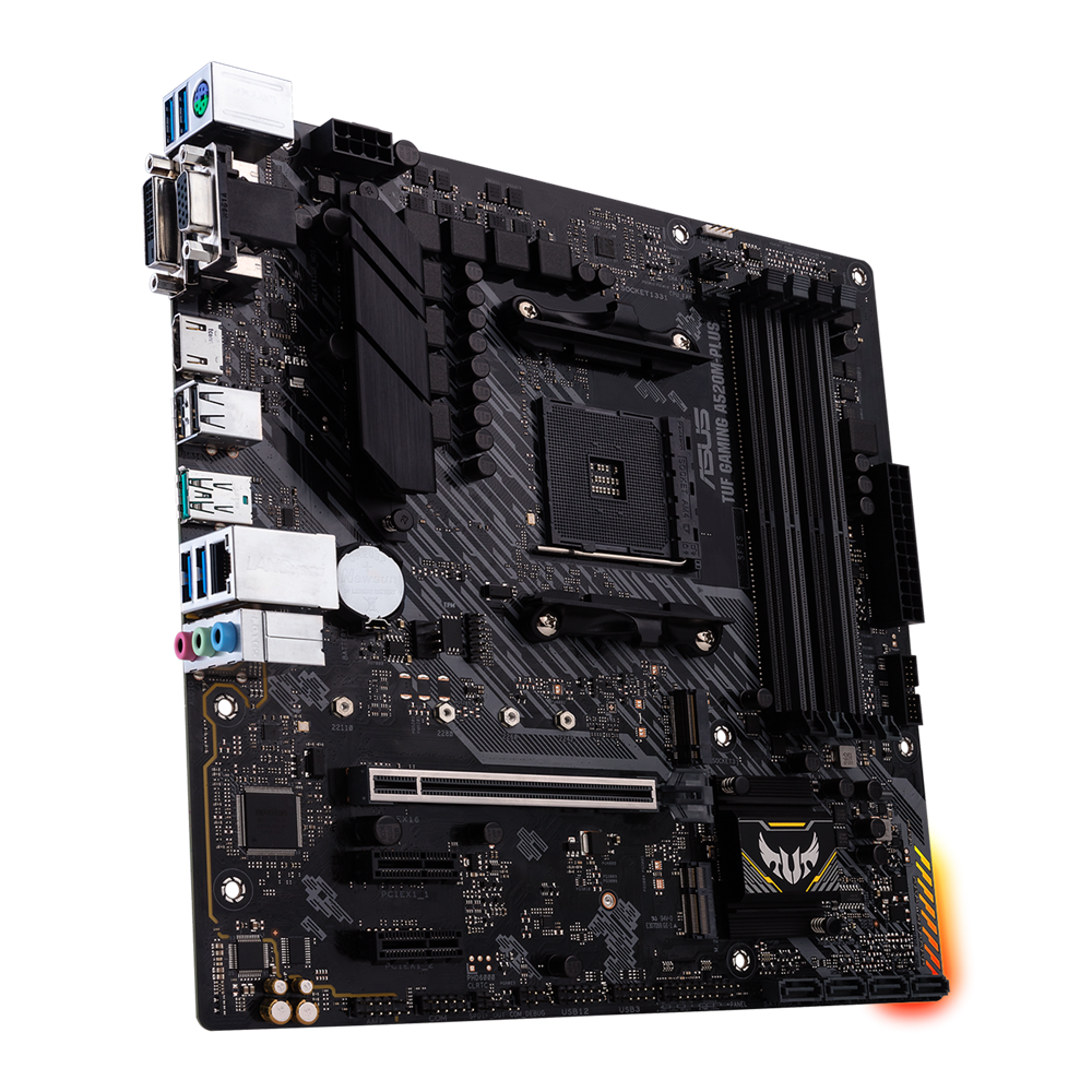 Asus | TUF GAMING A520M-PLUS | Processor family  AMD | Processor socket AM4 | DDR4 | Memory slots 4 | Supported hard disk drive interfaces SATA, M.2 | Number of SATA connectors 4 | Chipset  AMD A520 | Micro ATX