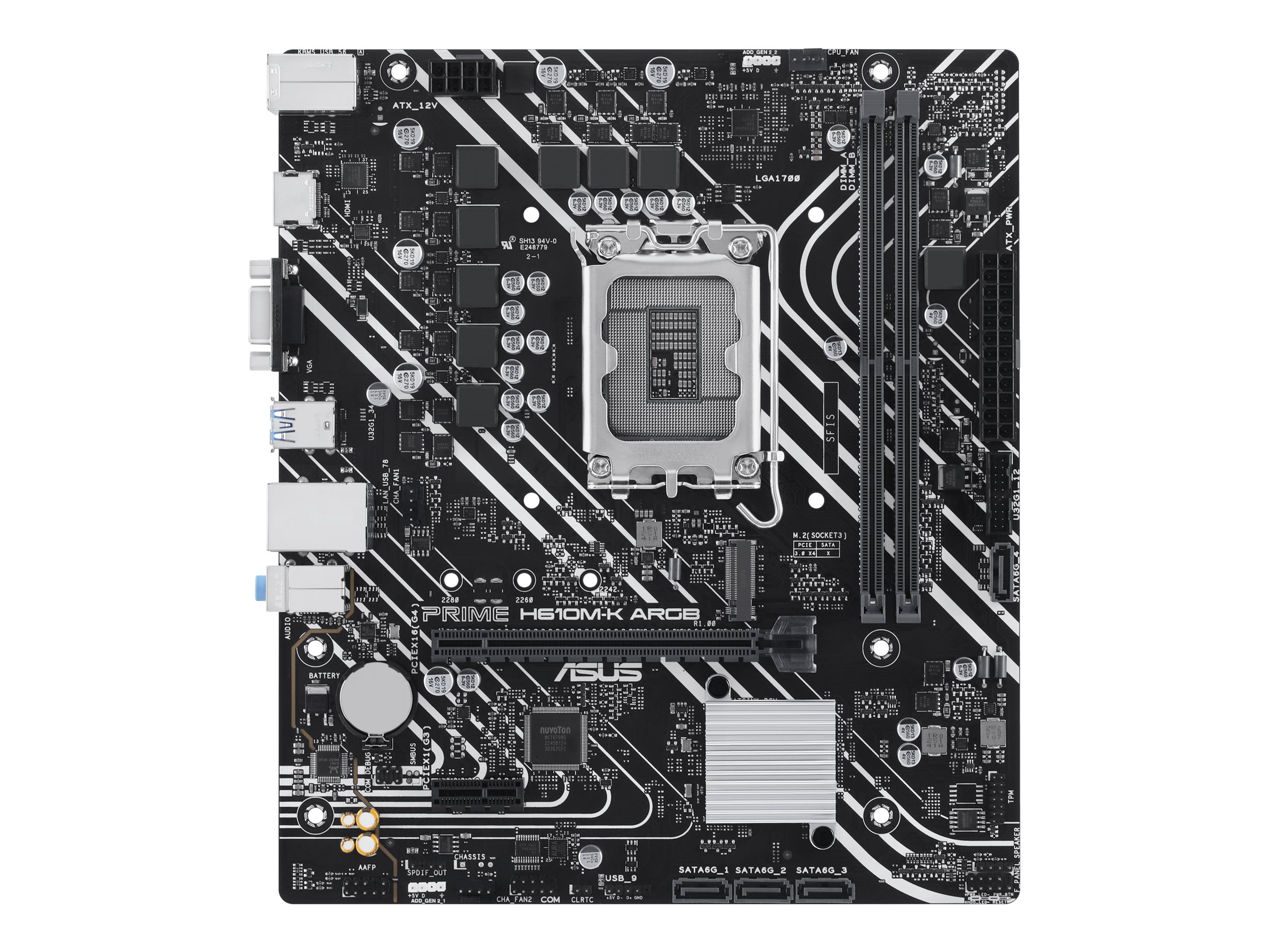 ASUS PRIME H610M-K ARGB | Asus | Processor family Intel H610 | Processor socket LGA1700 Socket | 2 DIMM slots - DDR5, non-ECC, unbuffered | Supported hard disk drive interfaces SATA-600, 1 x M.2 | Number of SATA connectors 4