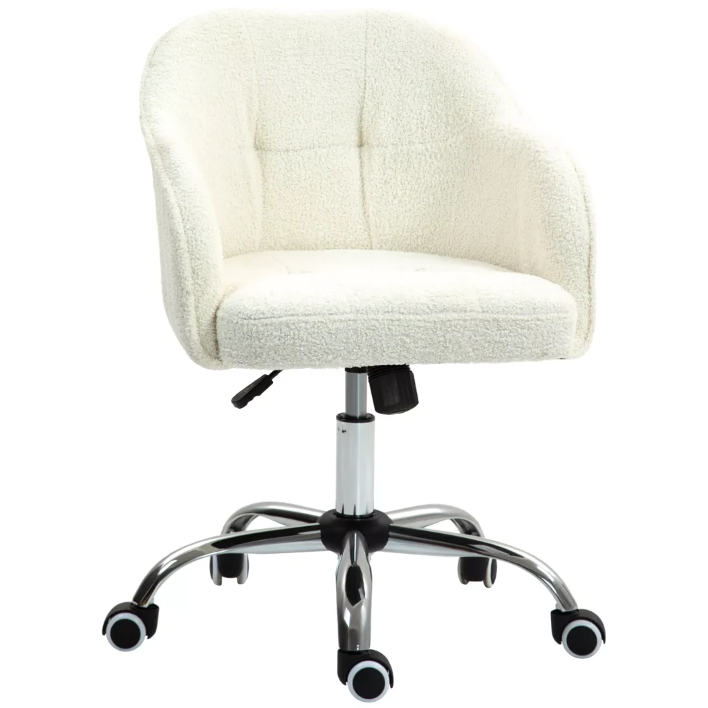 HOMCOM Namų biuro kėdė, ergonomiška rašomojo stalo kėdė, sukiojama kėdė, reguliuojamo aukščio biuro kėdė su siūbavimo funkcija, teddy aksomo išvaizdos, kosmetikos kėdė miegamajam, darbo kambariui, kreminės baltos spalvos