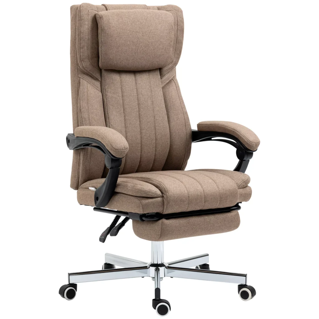 Vinsetto ergonomiška biuro kėdė su 5 masažo režimais, reguliuojamu atlošu, galvos atrama, kojų atrama, aukščiu reguliuojama, besisukanti, su nuotolinio valdymo pultu, lino audinio išvaizdos, ruda