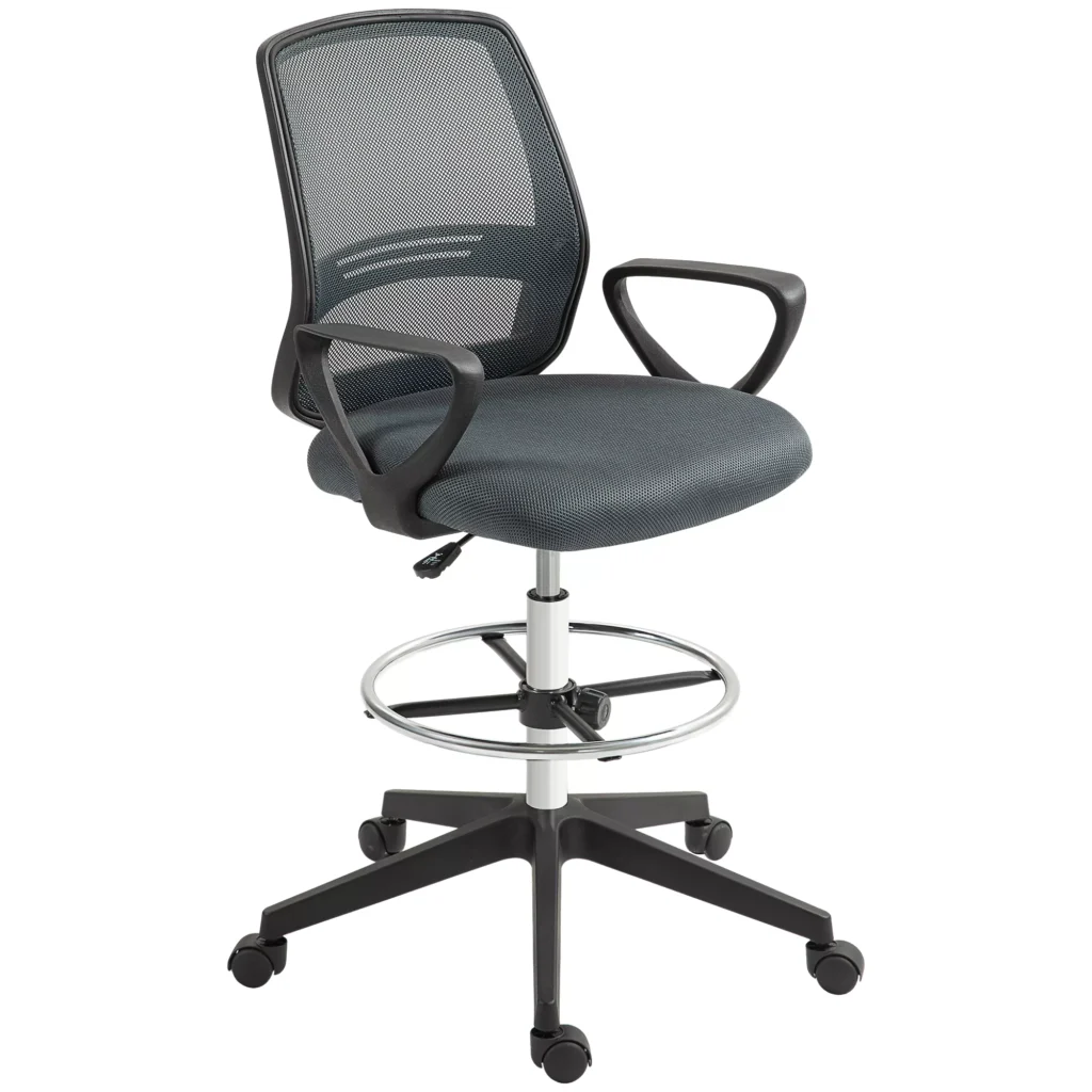 Biuro kėdė Vinsetto, ergonomiška, su porankiais ir reguliuojamu kojų atramu, tinklelio apmušalu, pilka