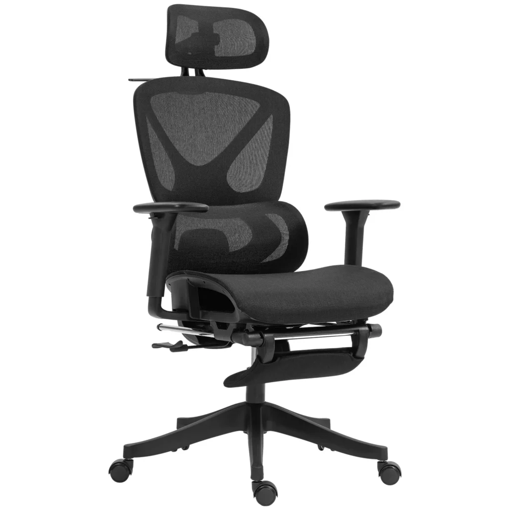 "HOMCOM" biuro kėdė Ergonomiška biuro kėdė su 3D porankiu, juosmens atrama, atlošu galvai, reguliuojamo aukščio tinklelio sukamąja kėde su supimo funkcija, drabužių pakaba, atsilenkimo funkcija, kojų atrama juoda