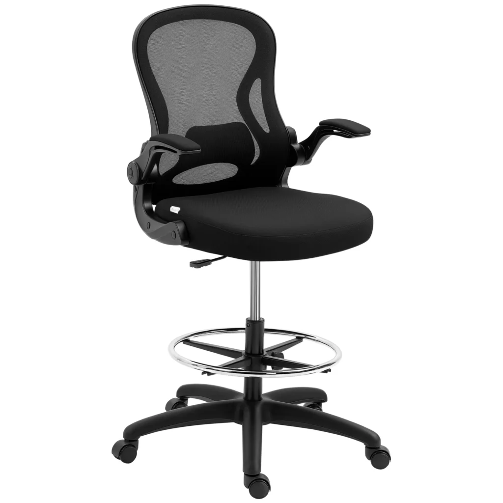 Ergonomiška darbo kėdė su reguliuojamu kojų žiedu ir juosmens atrama,110-130 cm, juoda