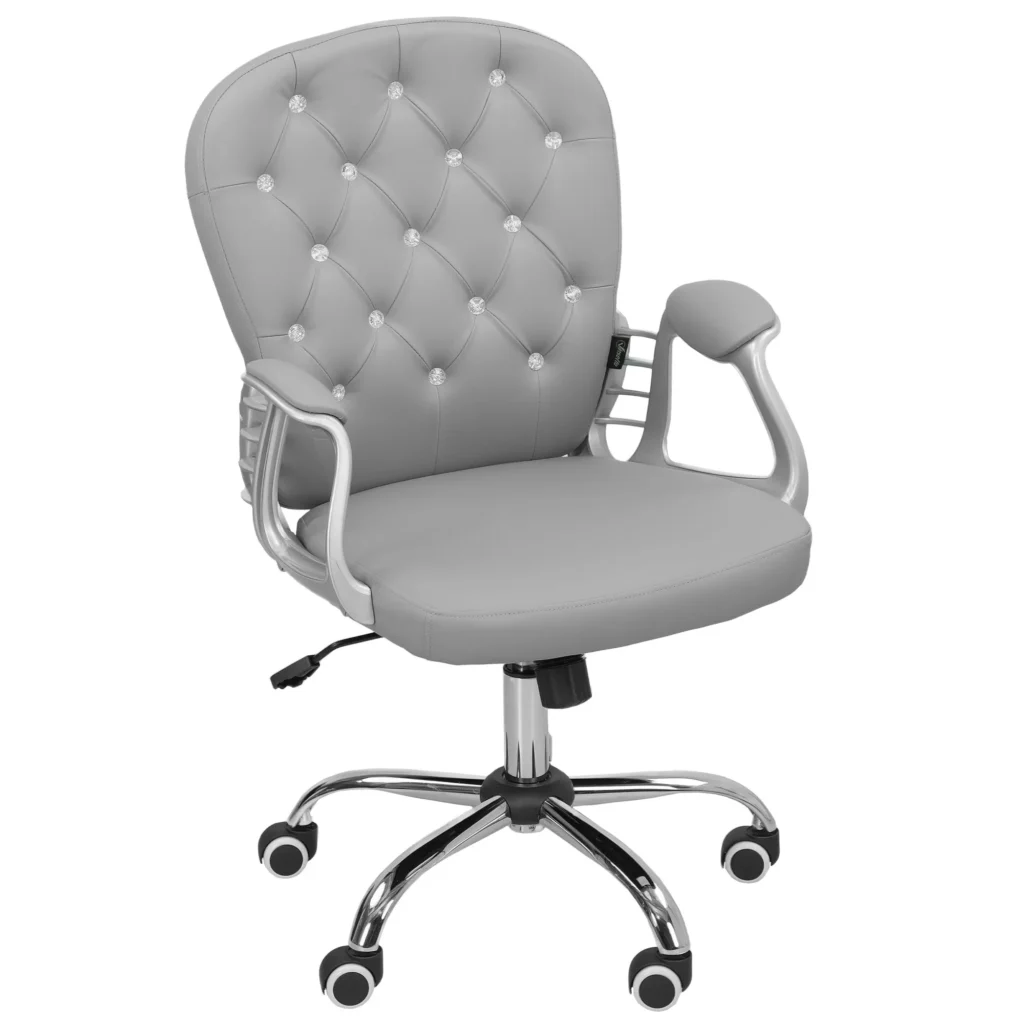 Vinsetto biuro kėdė, ergonomiška rašomojo stalo kėdė su porankiais, paminkštintu atlošu, reguliuojamo aukščio kompiuterinė kėdė, odos imitacijos, sukama kėdė namų biurui, šviesiai pilka