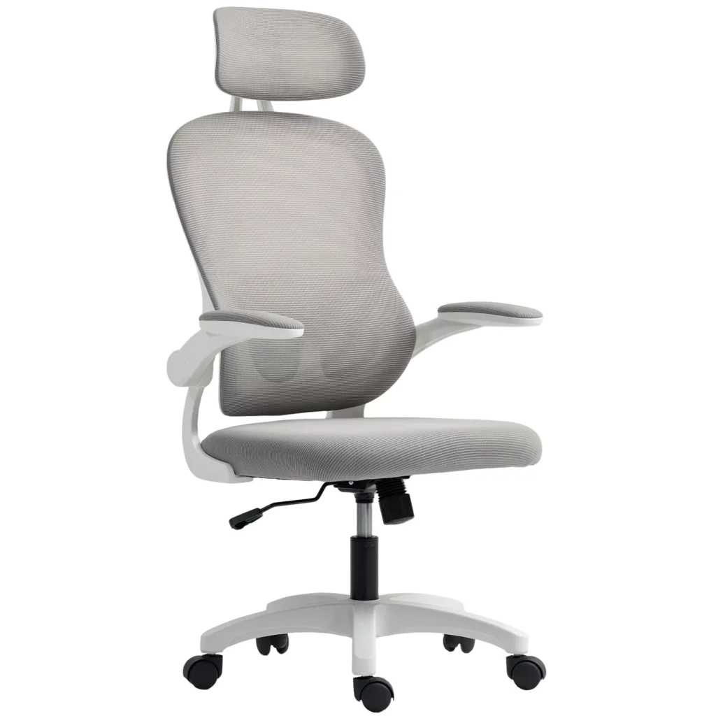 HOMCOM Ergonomiskas biroja krēsls ar sieta atzveltni, regulējama augstuma, salokāmi elkoņbalsti, 5 riteņi, šūpošanās funkcija, pelēks