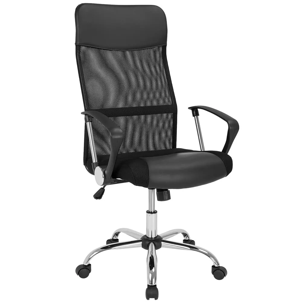Biuro kėdė, juoda, tinklinė ir dirbtinės odos, ergonomiška, su aukšta atlošimo atrama