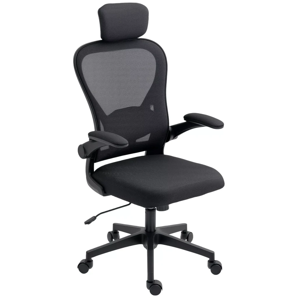 HOMCOM Biuro kėdė Ergonomiška stalinė kėdė su atlenkiamomis porankiais, reguliuojama juosmens atrama, juoda