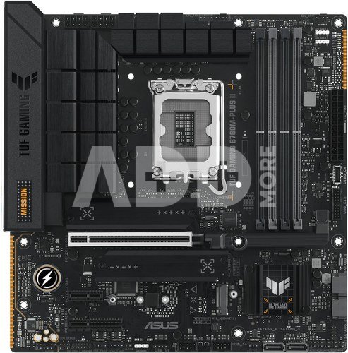 ASUS TUF GAMING B760M-PLUS II | Processor family Intel B760 | Processor socket 1 x LGA1700 Socket | 4 DIMM slots - DDR5, non-ECC, on-die ECC, unbuffered | Supported hard disk drive interfaces SATA-600 (RAID), 3 x M.2 | Number of SATA connectors 4