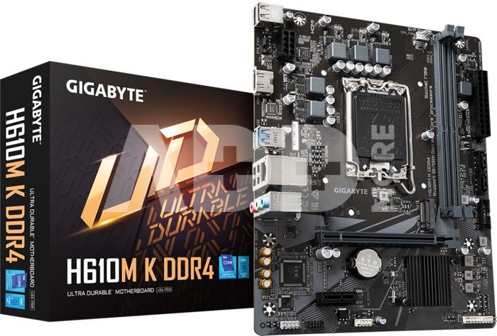 Gigabyte H610M K DDR4 1.0 M/B Processor family Intel, Processor socket LGA1700, DDR4 DIMM, Memory slots 2, Supported hard disk drive interfaces SATA, M.2, Number of SATA connectors 2, Chipset Intel H610 Express, Micro ATX