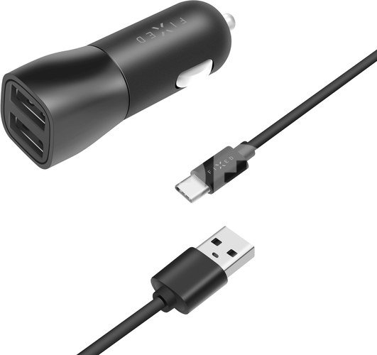 FIXED Dual USB Car Charger 15W+ USB/USB-C Cable, Black