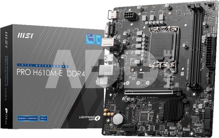 MSI PRO H610M-E DDR4 Processor family Intel, Processor socket LGA1700, DDR4 DIMM, Memory slots 2, Supported hard disk drive interfaces 	SATA, M.2, Number of SATA connectors 4, Chipset Intel H610, Mirco-ATX