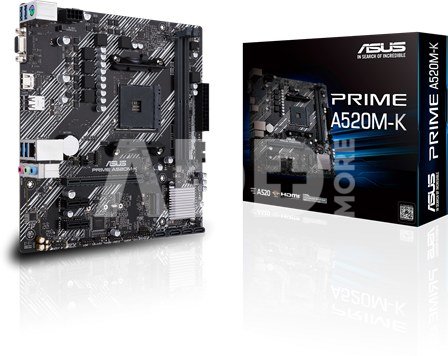 Asus PRIME A520M-K Processor family AMD, Processor socket AM4, DDR4, Memory slots 2, Supported hard disk drive interfaces M.2, SATA, Number of SATA connectors 4, Chipset AMD A, Micro ATX