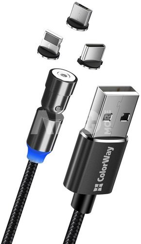 ColorWay Cable 3in1 (Lightning+MicroUSB+Type-C) Magnetic Rotation 540° 2.4А, 1m | CW-CBUU037-BK