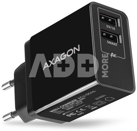 AXAGON ACU-DS16 Wall Charger, 2x 5V-2.2A + 1A, 16W, Black