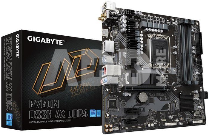 Mainboard|GIGABYTE|Intel B760 Express|LGA1700|Micro-ATX|Memory DDR4|Memory slots 4|2xPCI-Express 3.0 1x|1xPCI-Express 4.0 16x|2xM.2|1xHDMI|2xDisplayPort|2xAudio-In|1xAudio-Out|2xUSB 2.0|3xUSB 3.2|1xUSB-C|1xPS/2|1xRJ45|2xRF-Out|B760MDS3HAXDDR41.2