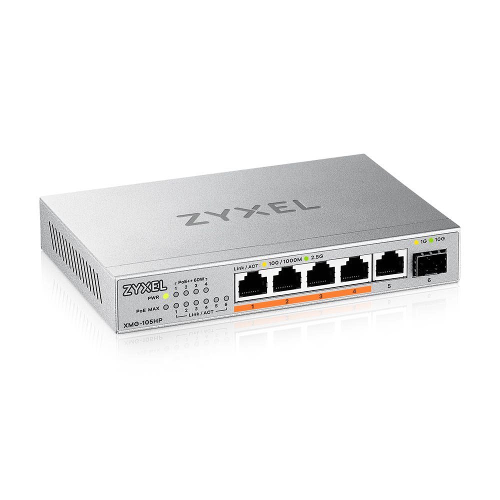 ZYXEL XMG-105 5 PORTS 2,5G + 1 SFP+, 4 PORTS 70W TOTAL POE++ DESKTOP MULTIGIG UNMANAGED DESKTOP SWIT