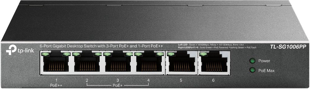 Komutatorius TP-LINK  6-Port Gigabit Switch with 3-Port PoE+ and 1-Port PoE++  TL-SG1006PP  Unman