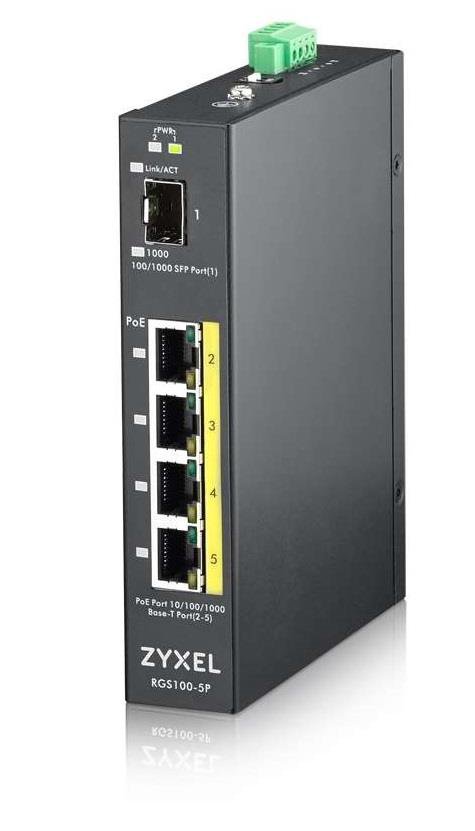 ZYXEL RGS100-12P, 5  PORT UNMANAGED POE SWITCH, 120 WATT POE, DIN RAIL, IP30, 12-58V DC