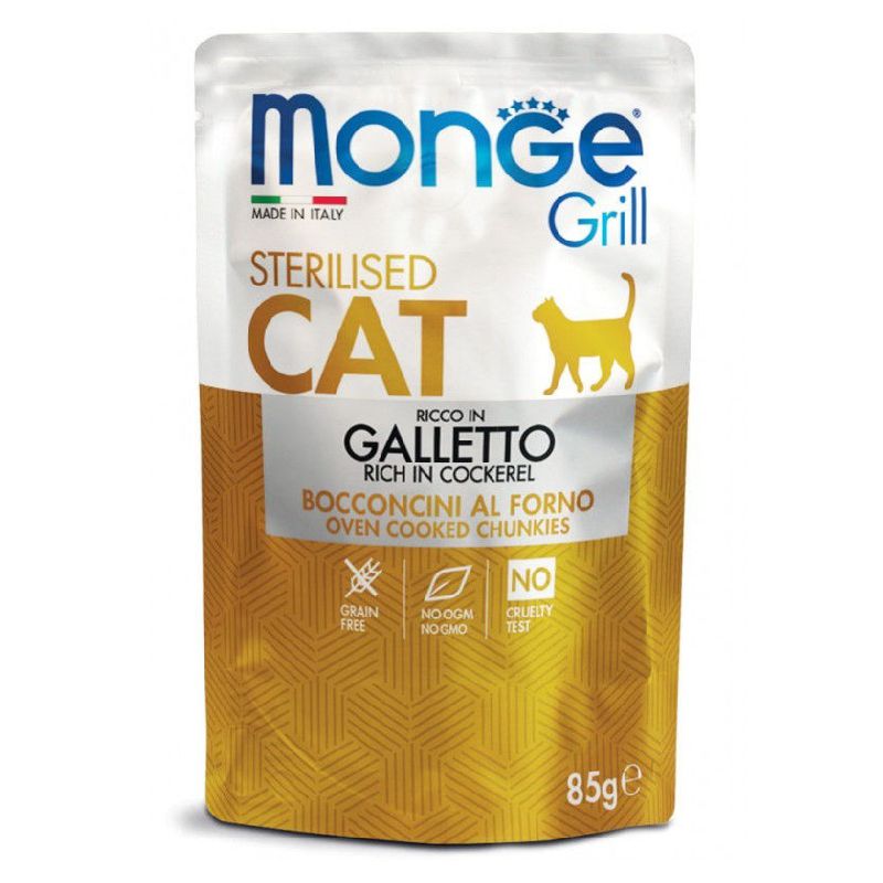 Monge Grill Cat Pouches drėgnas maistas sterilizuotoms katėms su gaidiena, 85 g